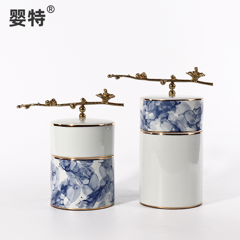 新中式轻奢陶瓷储物装饰样板房售楼处客厅酒柜书柜软装摆件铜饰品