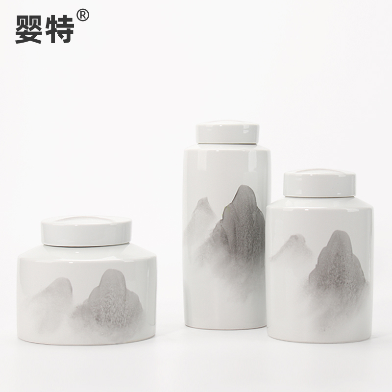新中式水墨陶瓷罐摆件储物三件套售楼处客厅酒柜书柜家居软装饰品