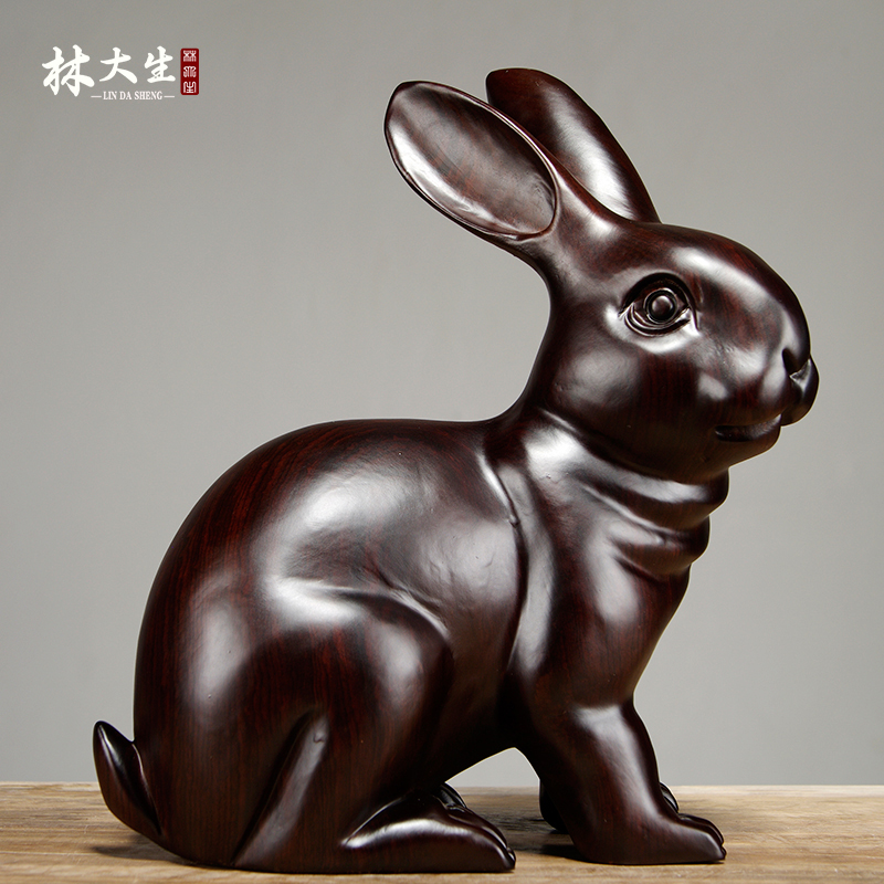 黑檀木雕兔子摆件雕刻工艺品家居客厅玄关木质动物生肖兔装饰摆设